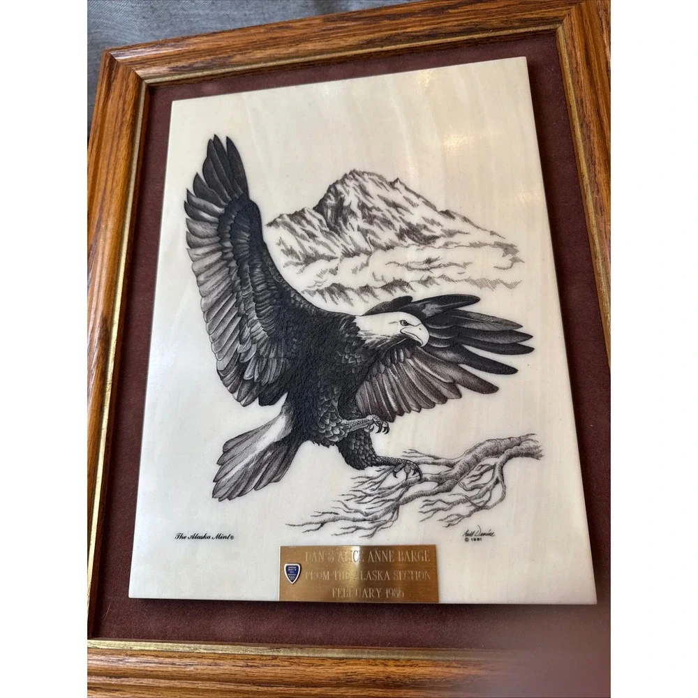 Vintage Bill Devine‎ Alaska Mint Kiana Bald Eagle Scrimshaw Etching Framed 1981